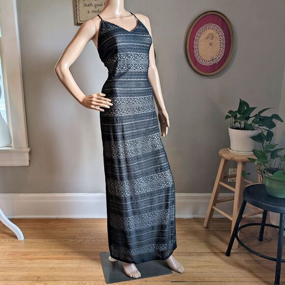 Vintage 90s Reggio Black Lace Gown Slip Dress Floral Whimsigoth Siren Size 6 - Picture 2 of 11